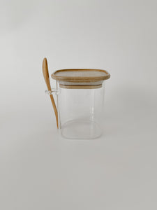 SQUARE GLASS JAR with BAMBOO LIDS and Spoon