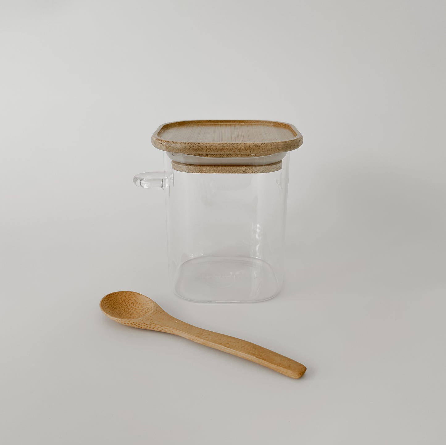 SQUARE GLASS JAR with BAMBOO LIDS and Spoon