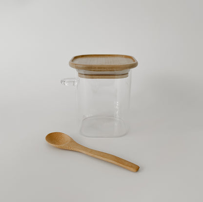 SQUARE GLASS JAR with BAMBOO LIDS and Spoon