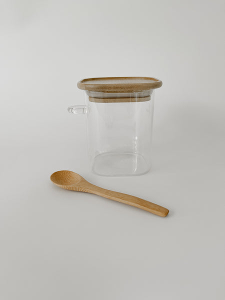 SQUARE GLASS JAR with BAMBOO LIDS and Spoon