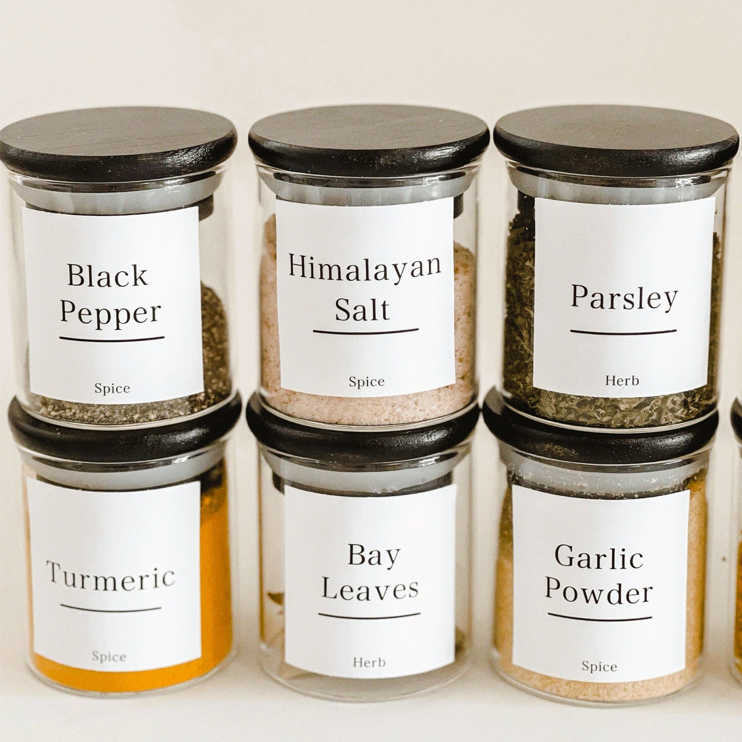 ROUND GLASS JARS with BLACK BAMBOO LIDS and WHITE LABELS