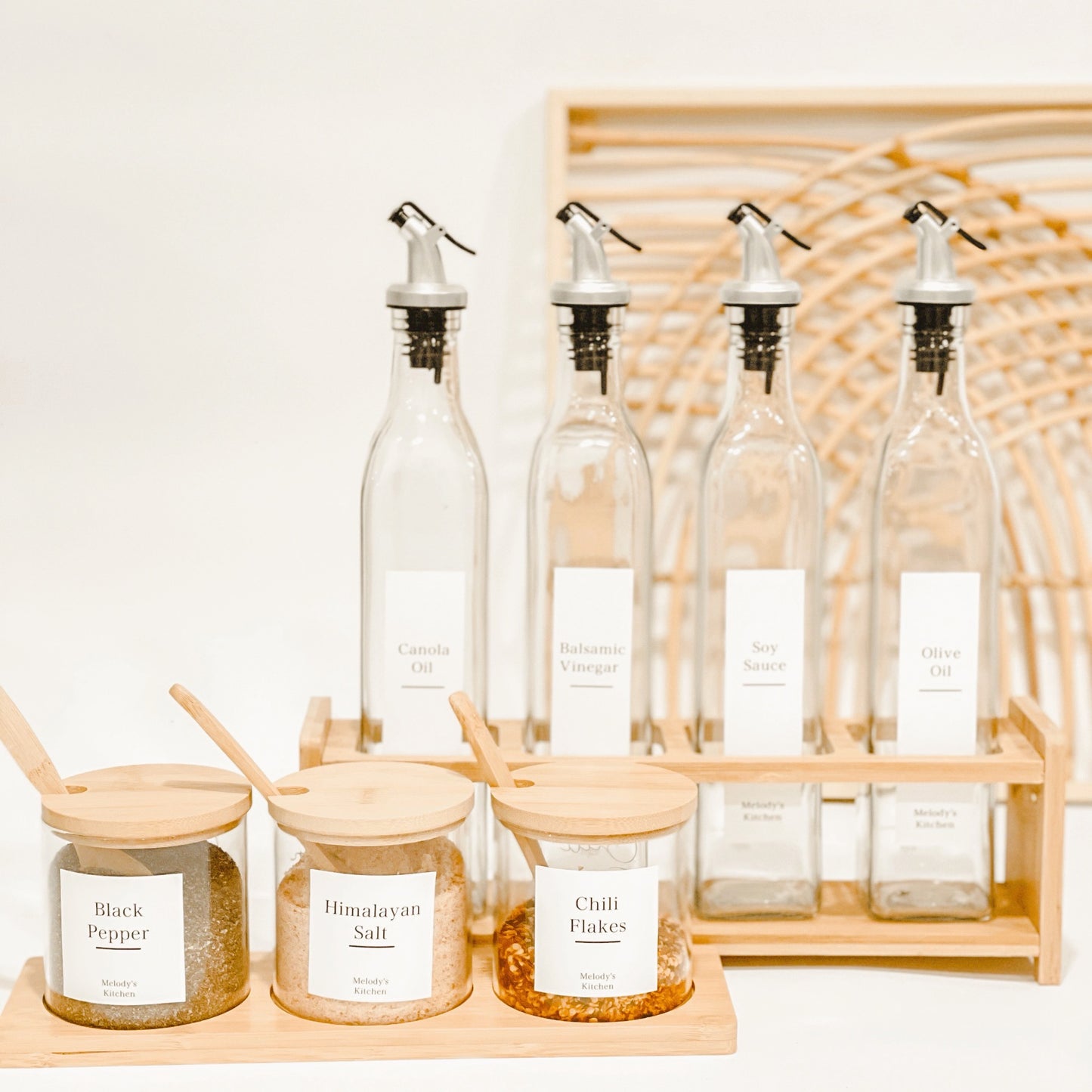 CONDIMENT GLASS JAR TRIO AND BOTTLE DISPENSER WITH RACK SET