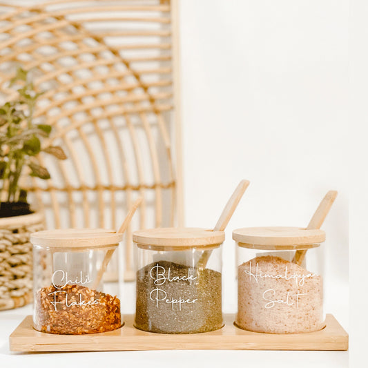 CONDIMENT JAR with BAMBOO LIDS and VINYL LABELS (with spoons and tray)