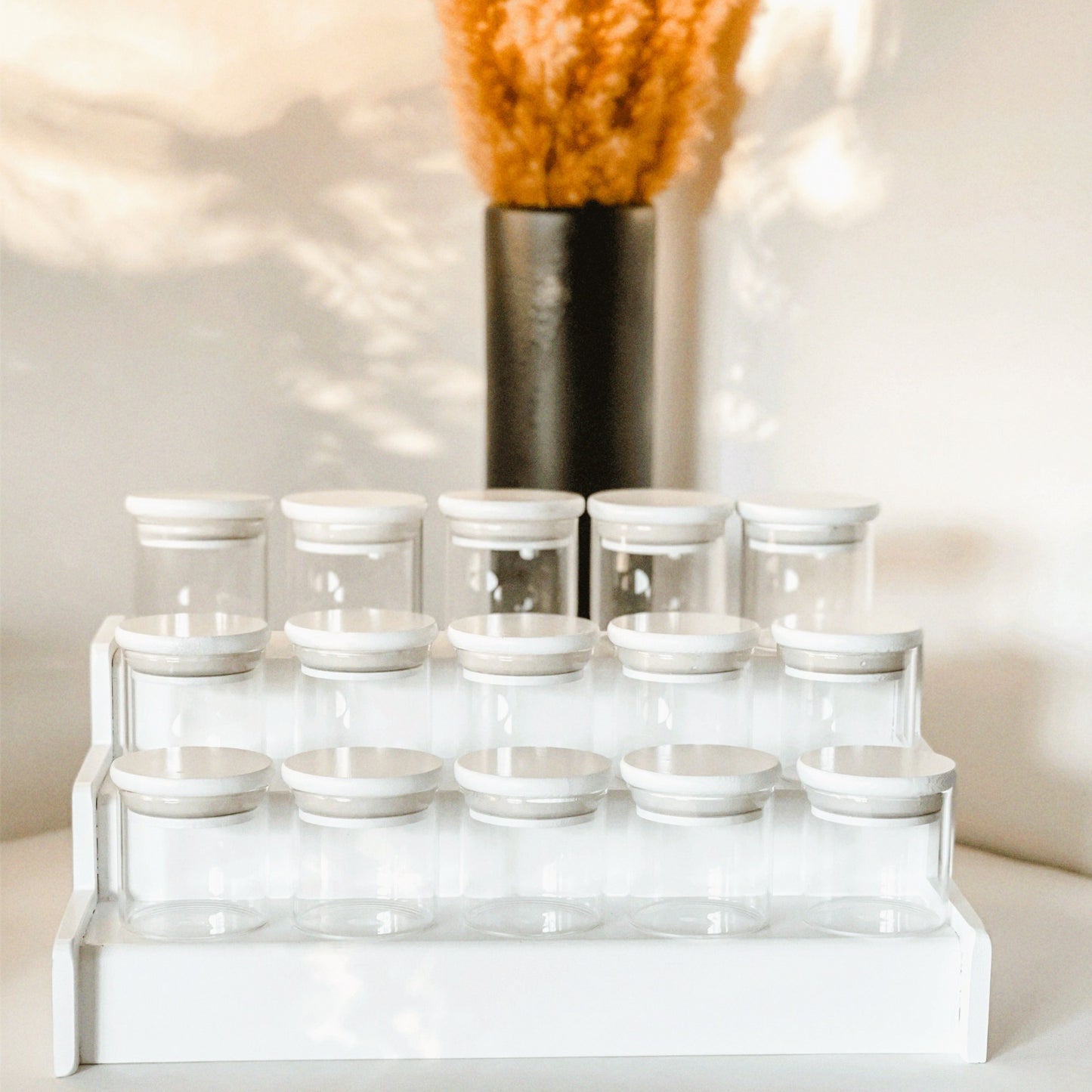 WHITE ROUND GLASS JARS with WHITE RACK and VINYL LABELS