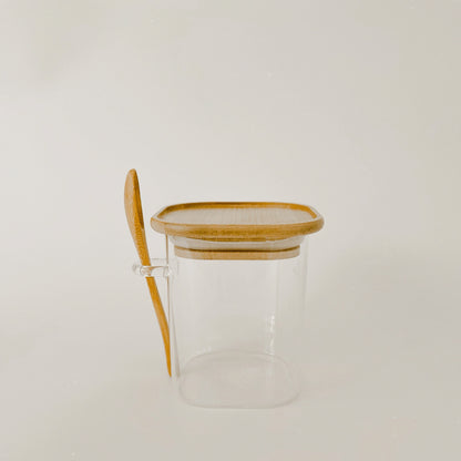 SQUARE GLASS JAR with BAMBOO LIDS and Spoon