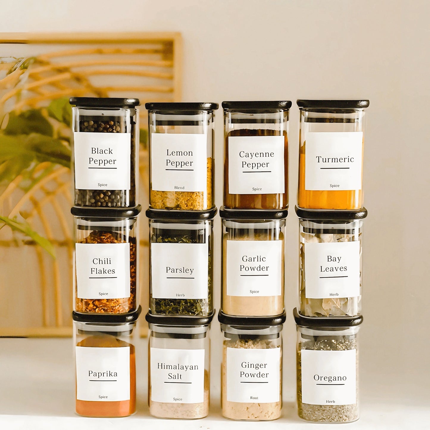 SQUARE GLASS JARS with BLACK BAMBOO LID and WHITE LABELS