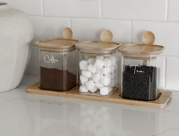 SQUARE GLASS JAR TRIO with BAMBOO LIDS and VINYL LABELS (with spoon and tray)