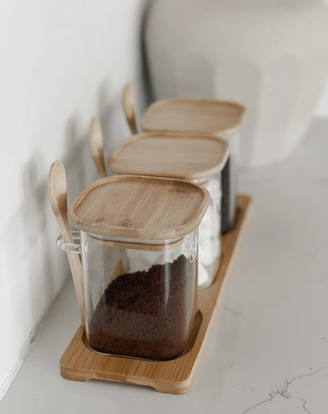 SQUARE GLASS JAR TRIO with BAMBOO LIDS and VINYL LABELS (with spoon and tray)