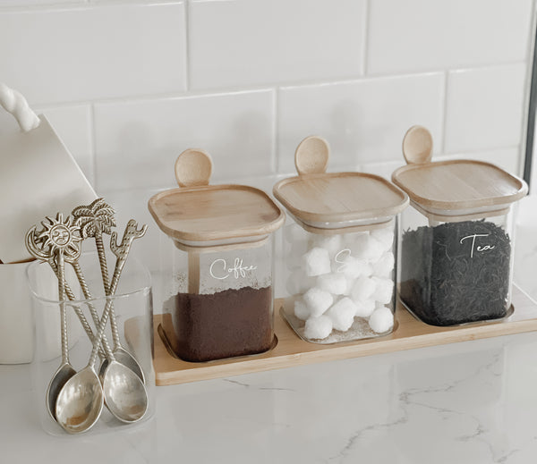 SQUARE GLASS JAR TRIO with BAMBOO LIDS and VINYL LABELS (with spoon and tray)