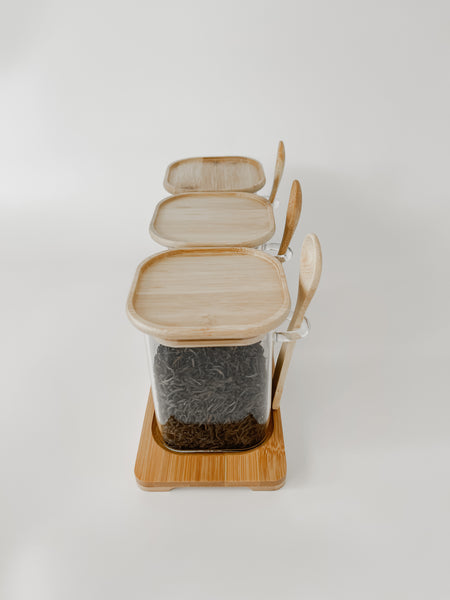 SQUARE GLASS JAR TRIO with BAMBOO LIDS and VINYL LABELS (with spoon and tray)