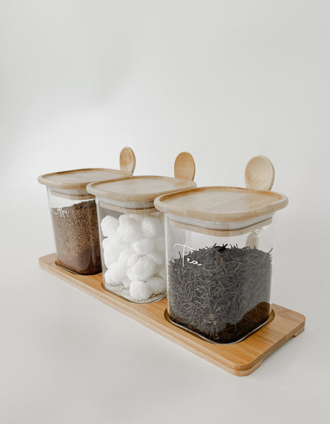 SQUARE GLASS JAR TRIO with BAMBOO LIDS and VINYL LABELS (with spoon and tray)