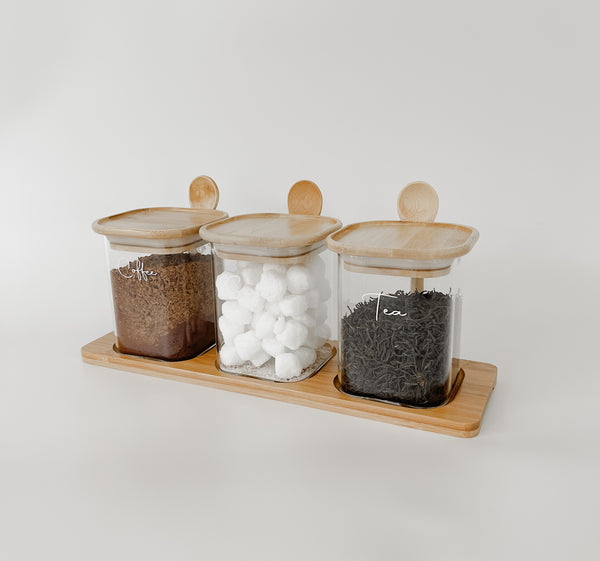 SQUARE GLASS JAR TRIO with BAMBOO LIDS and VINYL LABELS (with spoon and tray)