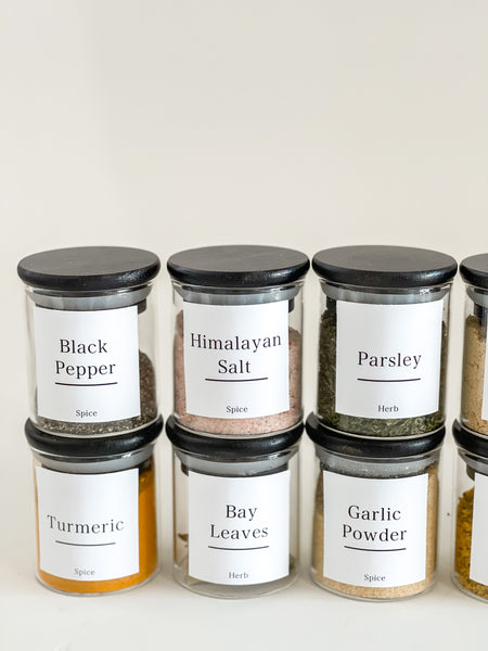 ROUND GLASS JARS with BLACK BAMBOO LIDS and WHITE LABELS