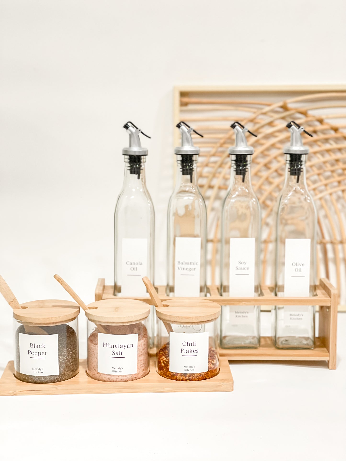 CONDIMENT GLASS JAR TRIO AND BOTTLE DISPENSER WITH RACK SET