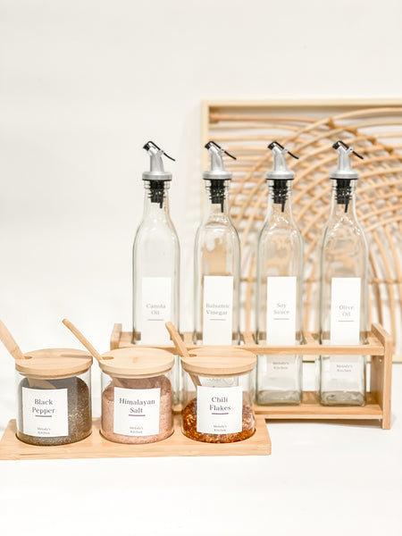 CONDIMENT GLASS JAR TRIO AND BOTTLE DISPENSER WITH RACK SET