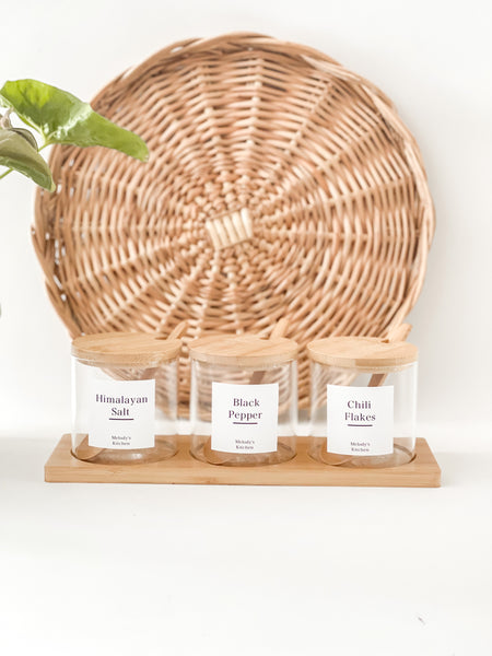 CONDIMENT JAR TRIO with BAMBOO LIDS and WHITE LABELS (with spoons and tray)