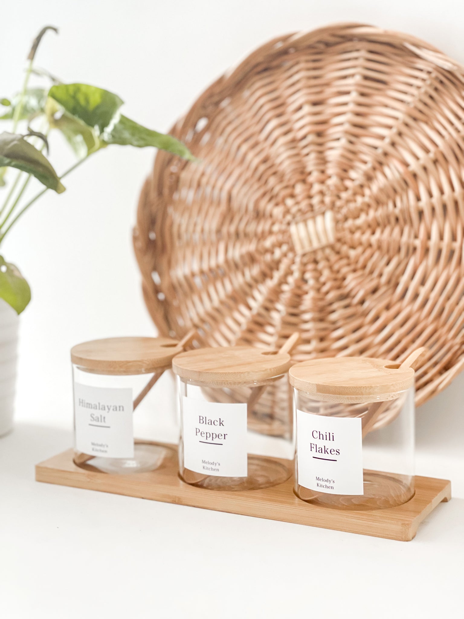 CONDIMENT JAR TRIO with BAMBOO LIDS and WHITE LABELS (with spoons and – Our  Happyhome Designs