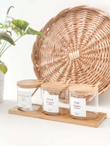CONDIMENT JAR TRIO with BAMBOO LIDS and WHITE LABELS (with spoons and tray)
