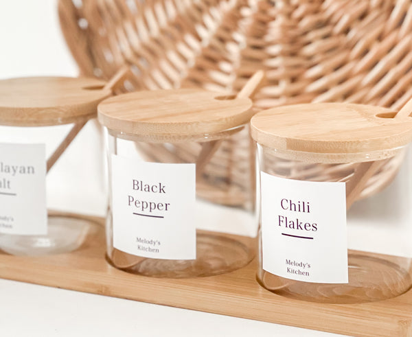 CONDIMENT JAR TRIO with BAMBOO LIDS and WHITE LABELS (with spoons and tray)