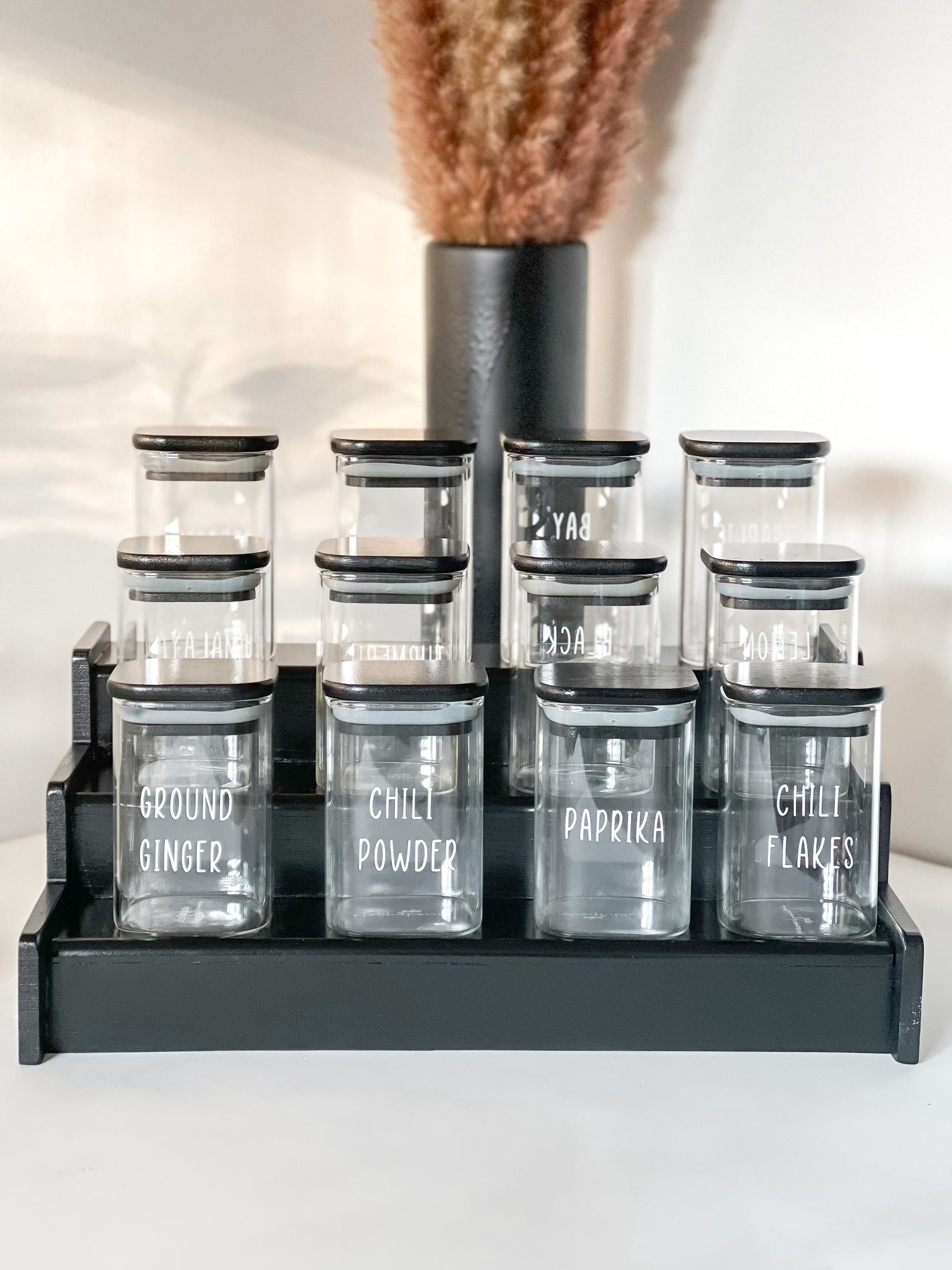 BLACK SQUARE JARS WITH BLACK RACK and VINYL LABELS