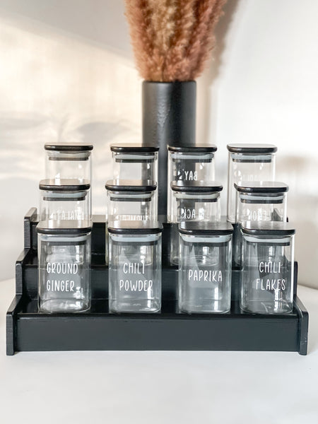 BLACK SQUARE JARS WITH BLACK RACK and VINYL LABELS