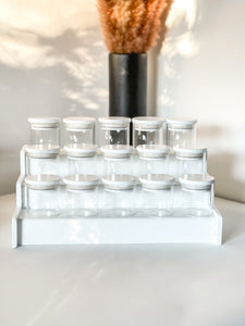 WHITE ROUND GLASS JARS with WHITE RACK and VINYL LABELS