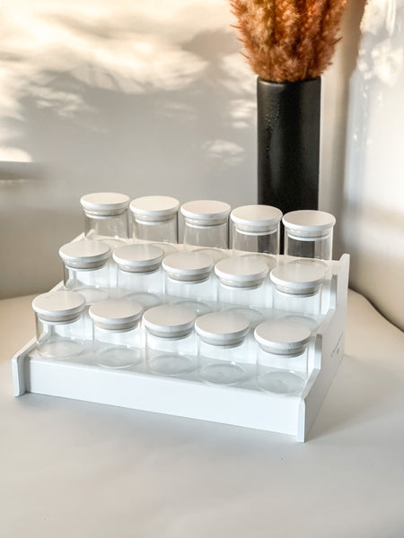 WHITE ROUND GLASS JARS with WHITE RACK and VINYL LABELS