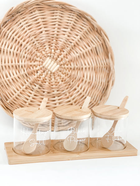 CONDIMENT JAR with BAMBOO LIDS and VINYL LABELS (with spoons and tray)