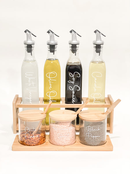 CONDIMENT JAR TRIO AND BOTTLE DISPENSERS WITH BAMBOO RACK SET