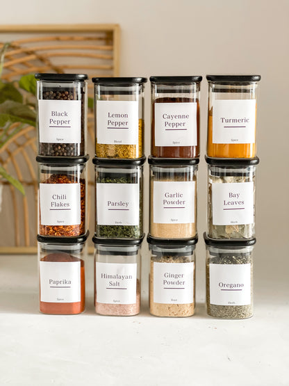 SQUARE GLASS JARS with BLACK BAMBOO LID and WHITE LABELS