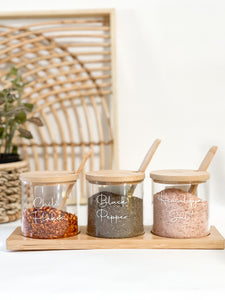 CONDIMENT JAR with BAMBOO LIDS and VINYL LABELS (with spoons and tray)