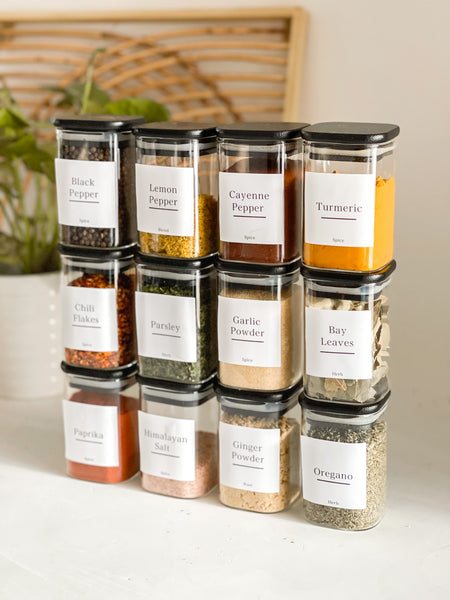 SQUARE GLASS JARS with BLACK BAMBOO LID and WHITE LABELS