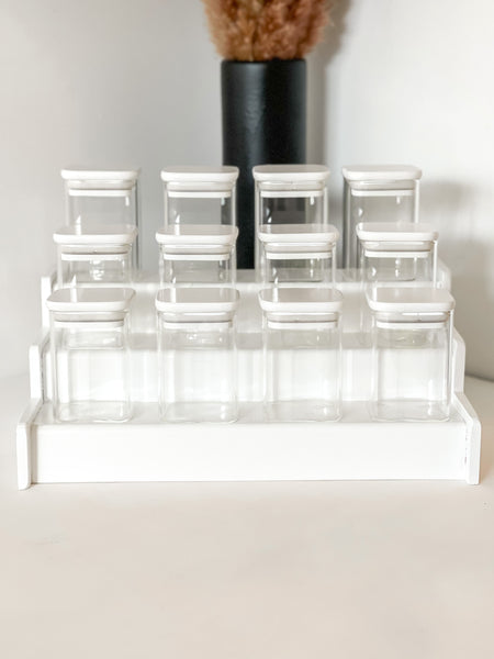 WHITE SQUARE JARS WITH WHITE RACK and VINYL LABELS